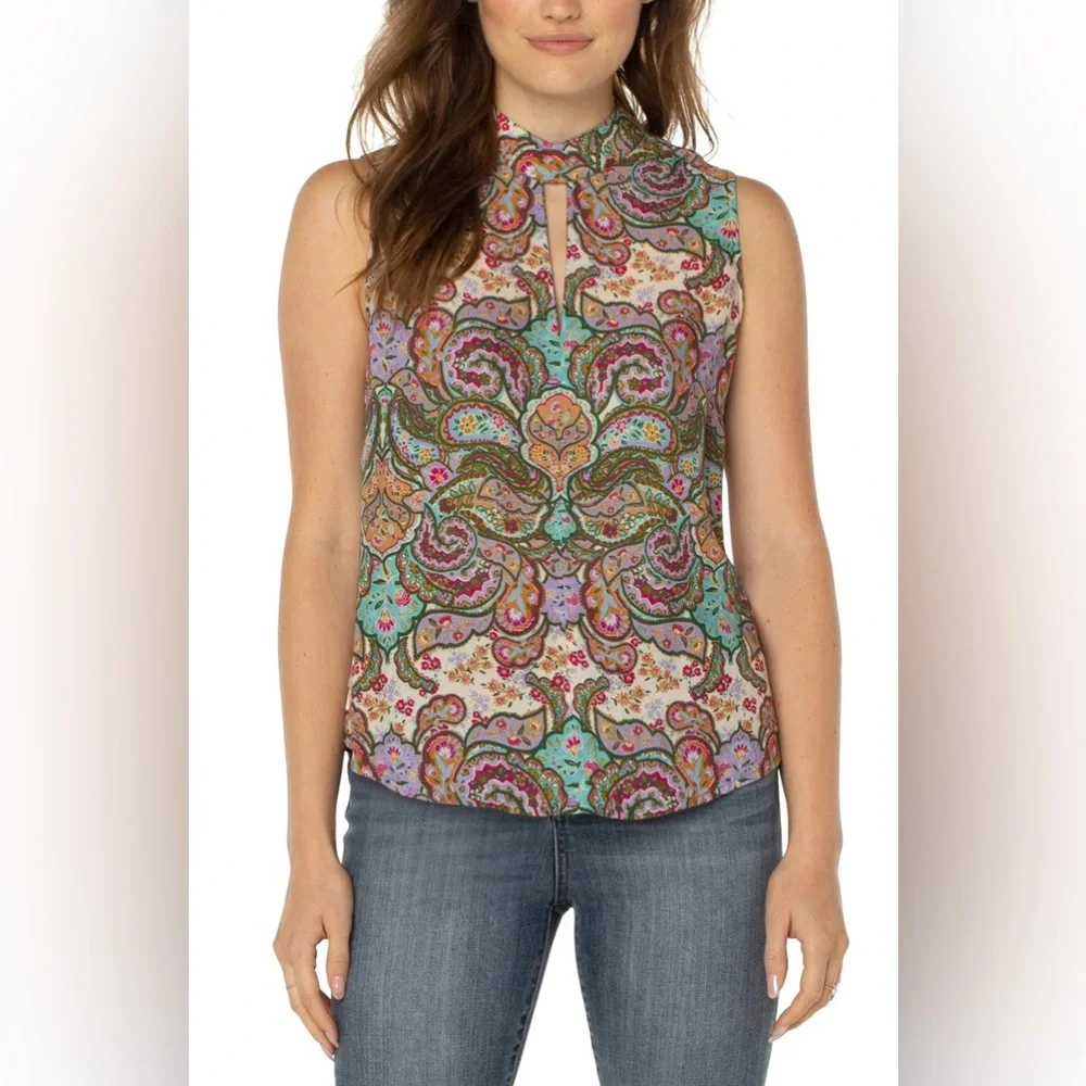 Liverpool High Neck Paisley Print Sleeveless Blouse Size Medium Keyhole Detail - Picture 1 of 8
